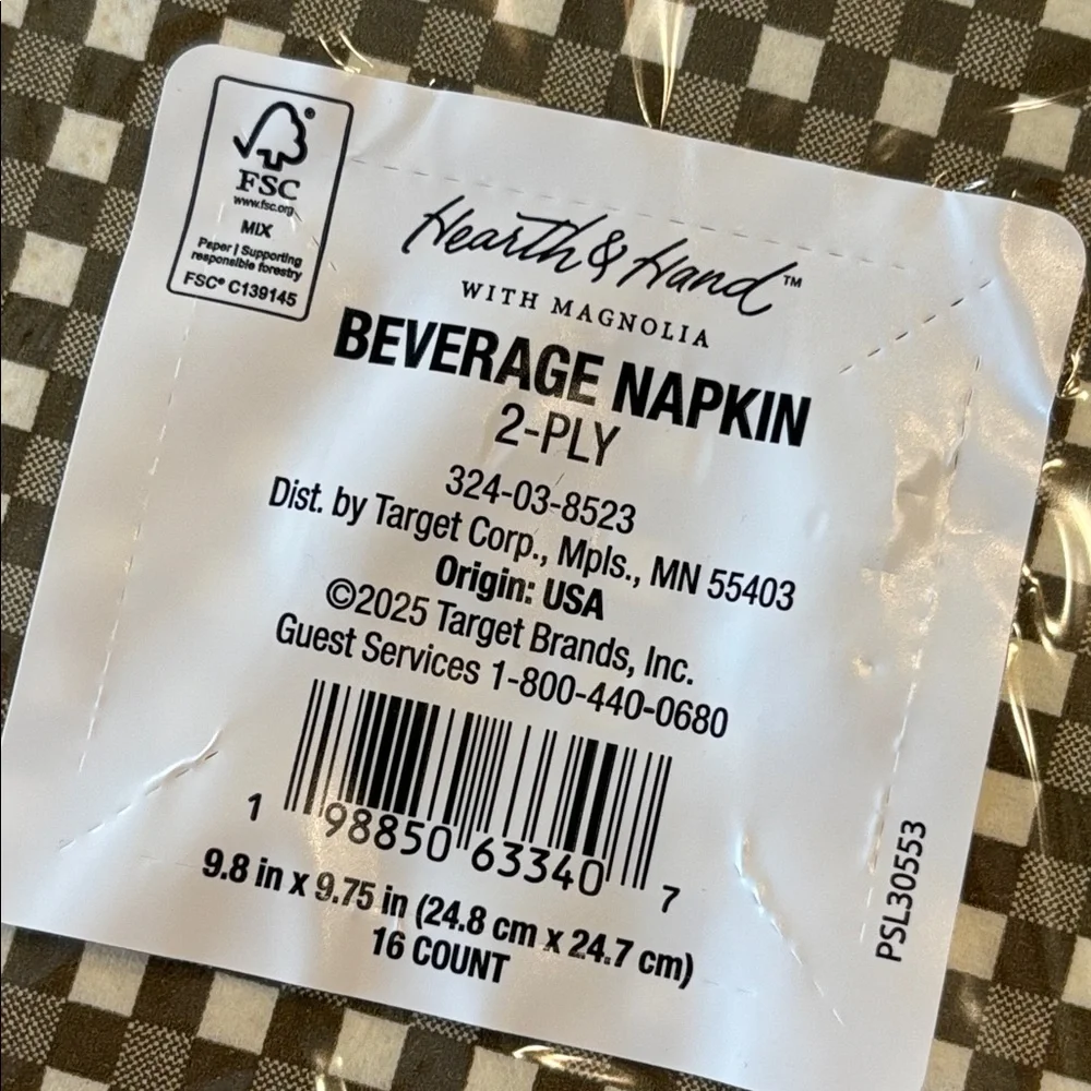 Hearth & Hand 16 Count Green Gingham Paper Beverage Napkins Bundle of 4